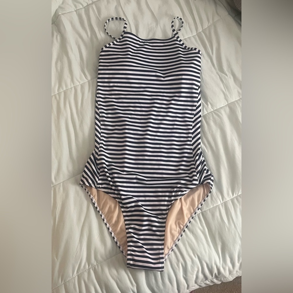ALBION WHITE/NAVY BLUE STRIPE LACE UP BACK ONE PIECE SWIMSUIT